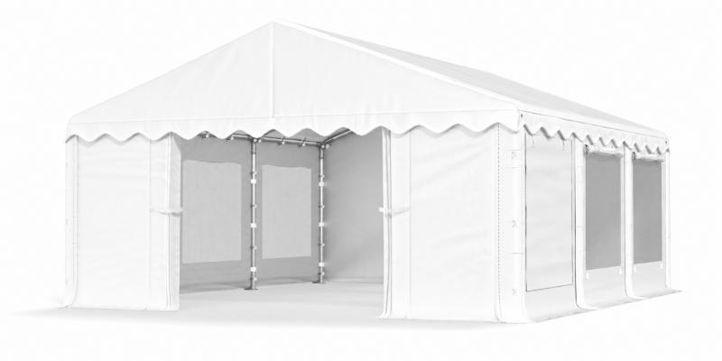 Rendezvénysátor, partisátor 4 × 6 m – 24 m², fehér, vízálló PE ponyvával, szúnyoghálós, lezárható ablakokkal és teljesen horganyzott, megerősített acélszerkezettel