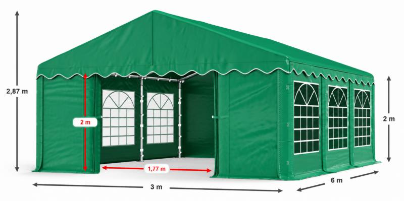 Rendezvénysátor, partysátor 3 × 6 m – 18 m², 240 g/m² PE ponyvával, horganyzott acélvázzal, Ø38 mm / 1,2 mm csövekkel, Ø42 mm / 1,3 mm csatlakozóelemekkel, zöld
