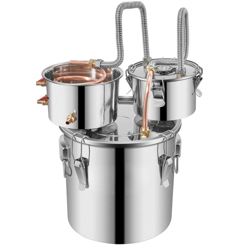 Rozsdamentes acél és réz desztilláló készlet 19 L – illóolaj, növényi kivonat és aroma lepárló rendszer, vízszivattyúval