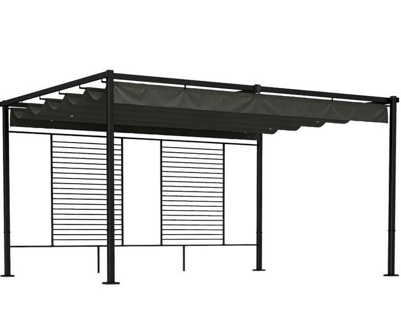 Sötétszürke kerti pergola 4 x 3 m behúzható UV-védett tetővel és oldalsó árnyékoló panelekkel
