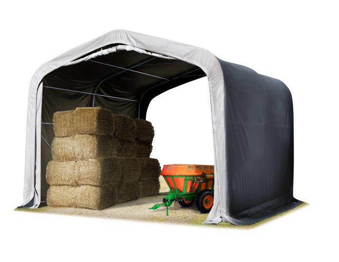Takarmánytároló, állattaró sátor sátorgarázs 4x4 m ponyva PVC 850 talajrögzítéssel szükre (16m2)