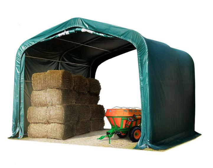 Takarmánytároló, állattaró sátor sátorgarázs 4x4 m ponyva PVC 850 talajrögzítéssel zöld  (16m2)