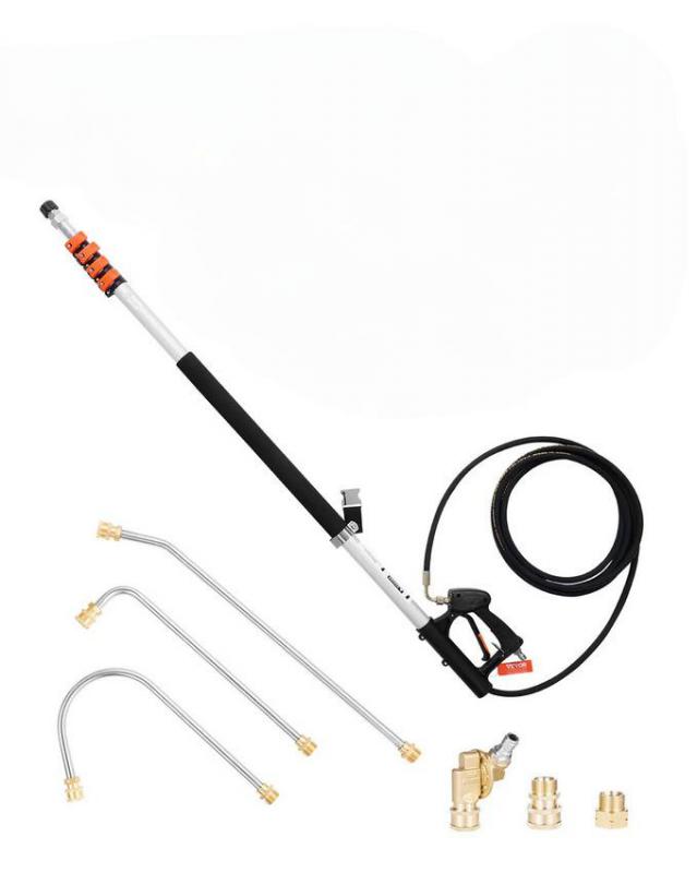 Teleszkópos, 7,3 m-es magasnyomású mosó szórókar — max. kb. 276 bar nyomással, fúvókákkal, ereszcsatorna-tisztítóval, kefefejjel és tartóhevederrel