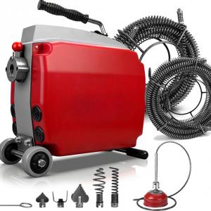1250 W elektromos csőtisztító gép 20–200 mm csövekhez, 34,5 m spirállal, 550 ford./perc sebességgel és 5 cserélhető vágófejjel