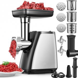 2800 W-os 4 az 1-ben elektromos húsdaráló – 1,5 kg/perc teljesítmény, kolbásztöltő, Kibbe készlet és zöldség-/sajtreszelő, rozsdamentes acél