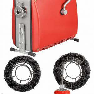 500 W-os elektromos lefolyótisztító gép Ø50–110 mm-es csövekhez, Ø16 mm-es spirállal, 45,4 m tisztítási hosszal és 6db cserélhető fejjel
