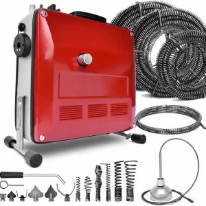 850 W elektromos csőtisztító gép 21 m (Ø22 mm), 14,5 m (Ø16 mm) és 5 m (Ø10 mm) spirállal, 20–200 mm csőátmérőhöz, 12 tisztítófejjel, 450 ford./perc