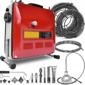 850 W ipari csőtisztító, csőgörény, lefolyótisztító gép – duguláselhárító készülék spirálokkal és 12 fejjel, Ø20–200 mm csövekhez