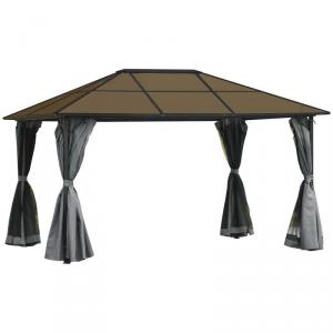 Alumínium pergola pavilon polikarbonát tetővel és függönyökkel, 300 × 400 × 260 cm, szürke
