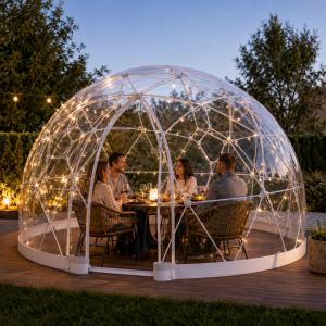 Átlátszó buboréksátor, kerti iglu-, kupola- és gömbsátor 4,6 m átmérővel, 10–14 személyes kivitelben, 360°-os panorámával, vízálló PVC borítással és időjárásálló szerkezettel