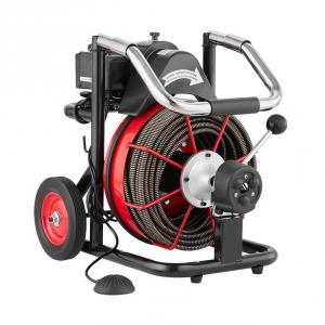 Automatikus adagolású, 550 W-os lefolyótisztító gép, csőtisztító 30 m × 12,7 mm kábellel, kerekes kivitelben, 8 vágófejjel és levegővel működtetett lábkapcsolóval, 50–100 mm csövekhez