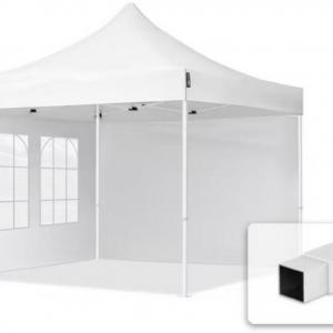 Extra erős Pop-up összecsukható pavilon, rendezvénysátor piacisátor 3x3 m, PVC ponyva, 2 db oldalfallal, fehér – stabil acélszerkezet, állítható magasság, 100% vízálló