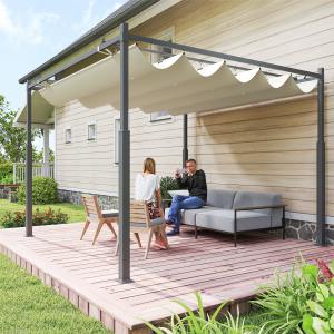 Kerti pergola 3 × 3 m, krémfehér, kihúzható sínrendszeres tetővel, mágneszáras rögzítéssel, UPF 30+ UV-védelmű PA-bevonatú poliészter ponyvával és megerősített porfestett acélvázzal