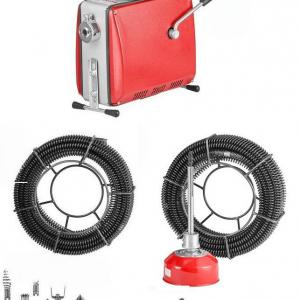 Lefolyótisztító, csőtisztító gép, csőgörény 500 W - Ø16 mm 40 m-es acélrugós kábellel és 6 vágófejjel, 50–110 mm átmérőjű csövekhez