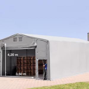 Ponyvacsarnok, raktársátor, ipari sátor 8 × 12 m – 96 m², 4,00 m oldalmagassággal, felhúzható kapuval, szürke PVC ponyvával és extra megerősített horganyzott acélszerkezettel