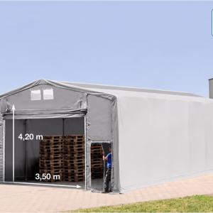 Ponyvacsarnok, raktársátor, ipari sátor 8 × 16 m – 128 m², 4,00 m oldalmagassággal, felhúzható kapuval, tetőablakos PRIMEtex PVC ponyvával és extra megerősített horganyzott acélszerkezettel