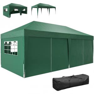 Pop-up összecsukható pavilon 3 × 6 m, zöld, 6 db levehető oldalfallal, vízlepergető és UV-védett Oxford ponyvával, porfestett acélvázzal, vízelvezető nyílásokkal, rögzítőkötelekkel, hordozótáskával