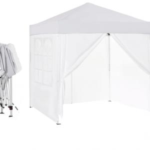 Pop-up összecsukható pavilon és rendezvénysátor 2 × 2 m, fehér, 4 db levehető oldalfallal, vízálló és UV-álló Oxford poliészter ponyvával, stabil porfestett acélvázzal és hordozótáskával