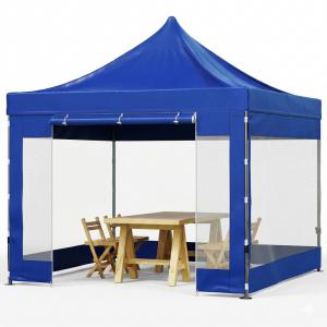 Pop-up összecsukható pavilon és rendezvénysátor 3 × 3 m, 9 m², kék, 240 g/m²-es PVC-bevonatú tetőponyvával, 4 db átlátszó panoráma-oldalfallal, állítható magasságú vázzal és görgős hordozótáskával