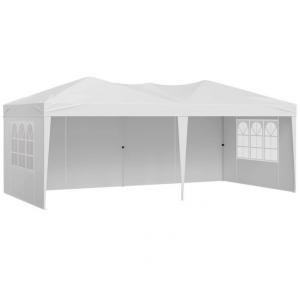 Pop-up összecsukható pavilon és rendezvénysátor 3 × 6 m, 18 m², fehér,  vízálló 210D Oxford ponyvával, 4 db oldalfallal, 2 db ablakkal, stabil acélvázzal és hordozótáskával