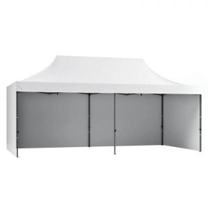 Pop-up összecsukható pavilon és rendezvénysátor 3 × 6 m, 18 m², fehér,  vízlepergető  PU-bevonatú ponyvával, levehető oldalfalakkal, acél vázzal, állítható magassággal és kerekes hordozótáskával