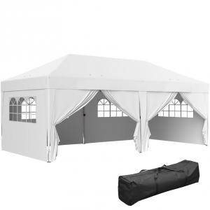 Pop-up összecsukható pavilon és rendezvénysátor 3 × 6 m, fehér, 6 db levehető oldalfallal, vízlepergett Oxford ponyvával, acélvázzal, vízelvezető nyílással, rögzítőkötelekkel, hordozótáskával