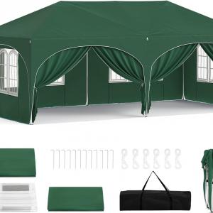 Pop-up összecsukható pavilon oldalfalakkal, 3 × 6 m, zöld színben, vízlepergető ponyvával és UV 50+ védelemmel