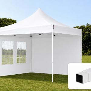 Pop-up összecsukható pavilon, rendezvény- és piaci sátor 3 × 3 m, 9 m², fehér PVC ponyvával, 2 db oldalfallal, 100%-ban vízálló kivitelben, stabil acélvázzal és 3 fokozatban állítható magassággal