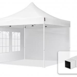 Pop-up összecsukható pavilon, rendezvénysátor piacisátor 3x3 m, PVC ponyva, 2 db oldalfallal, fehér – stabil acélszerkezet, állítható magasság, 100% vízálló
