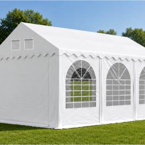 Professzionális extra erős, lángálló rendezvénysátor 3 × 6 m, 18 m², fehér PVC ponyvával, 2,6 m oldalmagassággal, Ø 50 mm-es erősített horganyzott acélvázzal és padlókerettel
