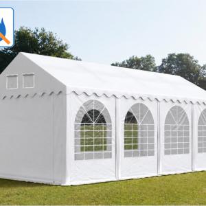 Professzionális extra erős, lángálló rendezvénysátor 4 × 8 m, 32 m², fehér PVC ponyvával, 2,6 m oldalmagassággal, Ø 50 mm-es erősített horganyzott acélvázzal és padlókerettel