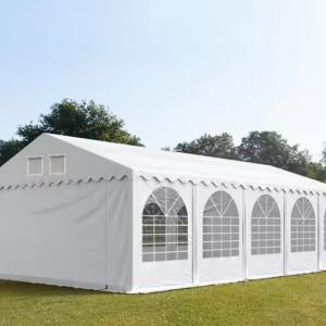Professzionális extra erős rendezvény- és partisátor 5 × 10 m, 50 m², PVC ponyvával, 2,60 m oldalmagassággal, Ø 50 mm-es megerősített horganyzott acélszerkezettel és padlókerettel – fehér
