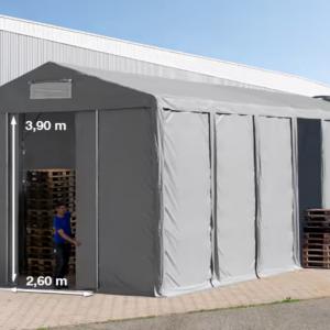 Professzionális ipari raktársátor 6 × 12 m – 72 m², 4,00 m oldalmagassággal, tolókapuval, erős szürke PVC ponyvával és extra megerősített horganyzott acélszerkezettel