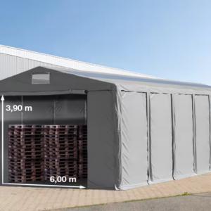 Professzionális ipari raktársátor 8 × 12 m – 96 m², 4,00 m oldalmagassággal, két standard kapuval, tetőablakokkal, erős szürke PVC ponyvával és extra megerősített horganyzott acélszerkezettel