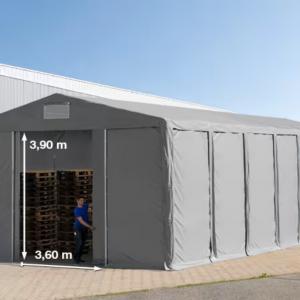 Professzionális ipari raktársátor 8 × 16 m – 128 m², 4,00 m oldalmagassággal, tolókapuval, erős szürke PVC ponyvával és extra megerősített horganyzott acélszerkezettel