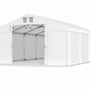 Professzionális  ipari raktársátor 8 × 8 m – 64 m², 560 g/m² PVC fehér   ponyvával, két nagyméretű bejárattal és megerősített horganyzott acélszerkezettel