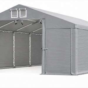 Professzionális  ipari raktársátor 8 × 8 m – 64 m², 560 g/m² PVC szürke  ponyvával, két nagyméretű bejárattal és megerősített horganyzott acélszerkezettel