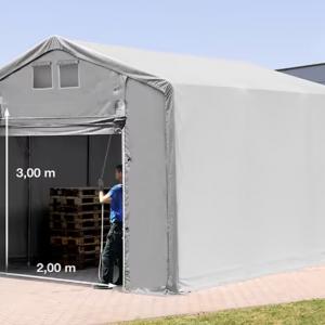 Professzionális ipari raktársátor PVC ponyvacsarnok 3×6 m, 18 m², 3,00 m oldalmagassággal, felhúzható kapuval és teljesen horganyzott acélvázzal – szürke