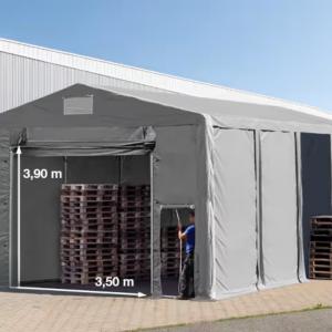 Professzionális ipari raktársátor, tárolósátor 8 × 8 m – 64 m², 4,00 m oldalmagassággal, felhúzható kapuval, erős szürke PVC ponyvával és extra megerősített horganyzott acélszerkezettel
