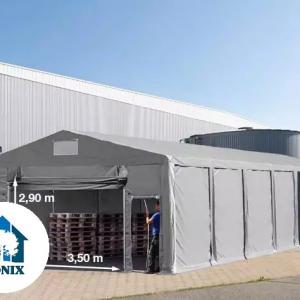 Professzionális ipari sátor 8x16m raktársátor 3,00m oldalmagasság, felhúzható kapuval ponyva PVC szürke