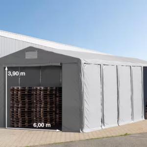 Professzionális ipari sátor raktársátor 8 × 12 m, 96 m² alapterülettel, 4,00 m oldalmagassággal, két standard cipzáras bejárattal, szürke PVC ponyvával