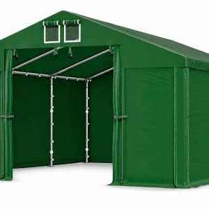 Professzionális ipari tárolósátor 4 × 6 m, 24 m², 2,00 m oldalmagassággal, 560 g/m² vízálló PVC ponyvával és horganyzott acélvázzal zöld