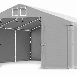 Professzionális ipari tárolósátor 4 × 6 m, 24 m², 2,00 m oldalmagassággal, 560 g/m² vízálló szürke PVC ponyvával és horganyzott acélvázzal