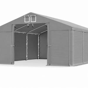 Professzionális ipari tárolósátor 4 × 6 m, 24 m², 2,00 m oldalmagassággal, vízálló szürke PVC 560 g/m² ponyvával és horganyzott acélvázzal