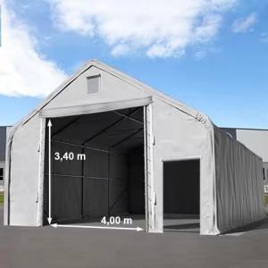 Professzionális ponyva csarnok raktársátor 8x12 m  kapu 4x3,4 m ponyva lángálló PVC  szürke statikai csomaggal