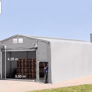 Professzionális ponyva csarnok  raktársátor, ipari sátor  8x16m oldalmagasság 4,00m felhúzható kapuval, tetőablakkal, ponyva lángálló  PVC szürke
