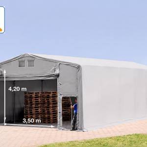 Professzionális ponyvacsarnok, ipari raktársátor 8 × 12 m – 96 m², 4,00 m oldalmagassággal, felhúzható kapuval, lángálló PRIMEtex PVC ponyvával és extra megerősített horganyzott acélszerkezettel