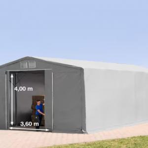 Professzionális ponyvacsarnok, ipari raktársátor 8 × 12 m – 96 m², 4,00 m oldalmagassággal, tolókapuval, erős szürke PVC ponyvával és megerősített horganyzott acélszerkezettel