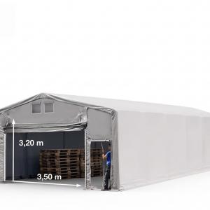 Professzionális ponyvacsarnok, ipari tárolósátor 8×12 m, 96 m², 3,00 m oldalmagassággal, lángálló PRIMEtex PVC ponyvával, felhúzható kapuval, személybejáróval,  horganyzott acélvázzal – szürke