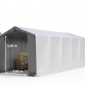 Professzionális ponyvacsarnok raktársátor 4×12 m, 48 m², 3,00 m oldalmagassággal, két cipzáras kapuval, PVC ponyvával és teljesen horganyzott acélvázzal – szürke